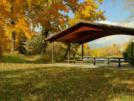 Picnic Table in the Autumnの写真素材