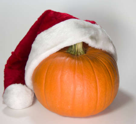Santa pumpkin putting on his hat with stem showingの写真素材