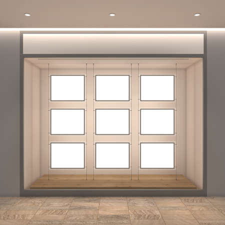 3d Rendering of a store window with a grid of empty backlit displaysの写真素材