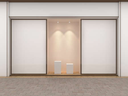 3d Rendering of an empty store window with two white platforms and blank displays