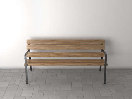 3d rendering of a wood and metal bench on a white wall background