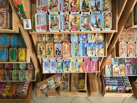 Lisbon, Portugal, 2018 - many sorts of canned fish in the shop in Lisbon, local productのeditorial素材