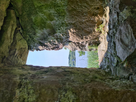 View of the lake through the stone windowの写真素材