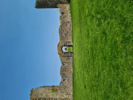 Aerial view of the ruins of a medieval castle in Ireland.