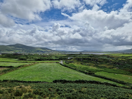 Scenic Irish landscape with fields and meadows under a cloudy skyの写真素材