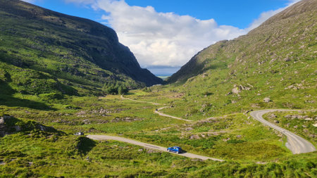 Aerial view of a road in the Connemara National Park, Irelandの写真素材