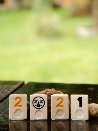 year 2020 written with tokens and natural park backgroundの写真素材