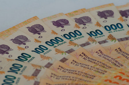 bills of 1000 pesos of the Argentine economy on a natural background and space to fillの写真素材