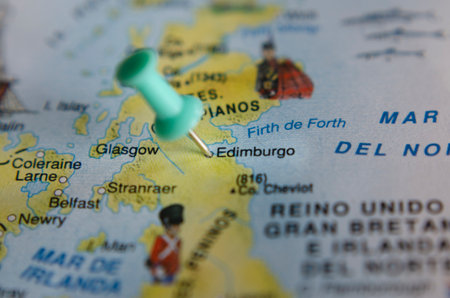 tourist map of the city of Edinburgh with a pin marking the cityの写真素材