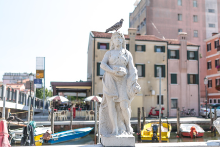 Pigeon resting on the head of a statue in Chioggia, Italyの写真素材