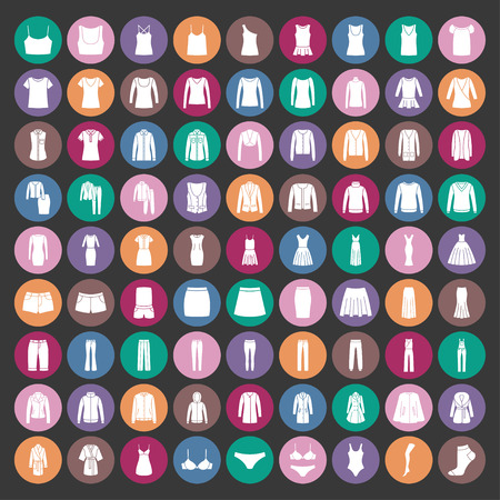 Clothes icons. Icons women fashion clothes. White on colored circleのイラスト素材