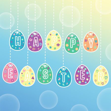Happy Easter egg card. illustration with hanging easter eggs on the background of the sunny skyのイラスト素材
