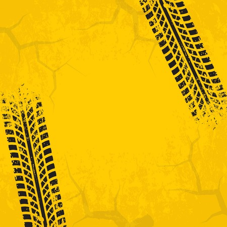 Tire tracks background with cracked and grunge effect. Black marks on yellow background. Vector illustrationのイラスト素材