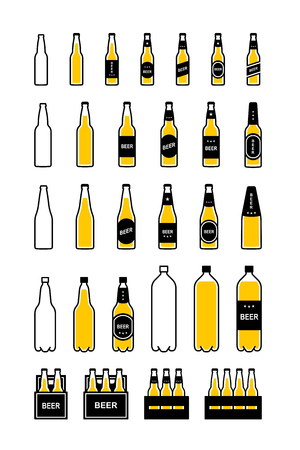 Icon set of beer bottles, yellow and black color on white backgroundのイラスト素材