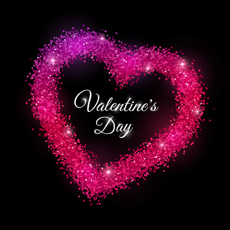 Valentines Day with red purple sparkles frame on black background. Vector illustrationのイラスト素材