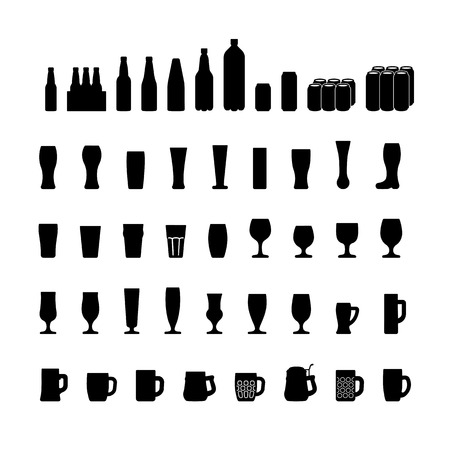 Beer bottles and glasses icons set, black silhouette. Vectorのイラスト素材