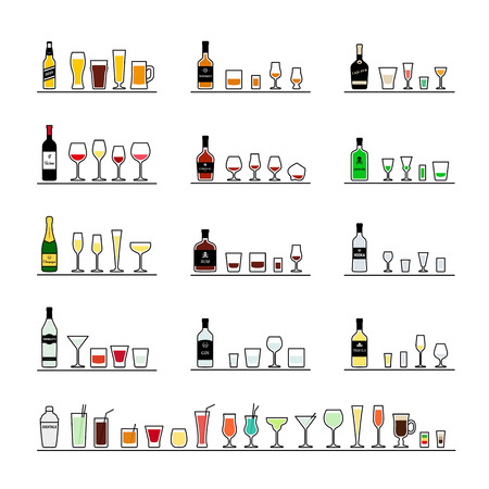 Alcoholic beverages, bottles and recommended glasses. Vector icons setのイラスト素材