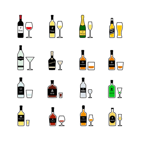 Alcoholic drinks, bottles and recommended glasses.のイラスト素材