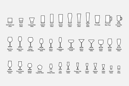 Types of glasses with names, line icons set. Vector illustrationのイラスト素材