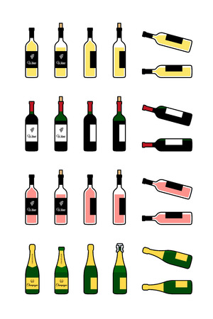 Wine and champagne bottles icons set. Bottle full, open, lying on side. Vector illustrationのイラスト素材