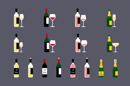Wine bottles with glasses icons set. Vector illustrationのイラスト素材