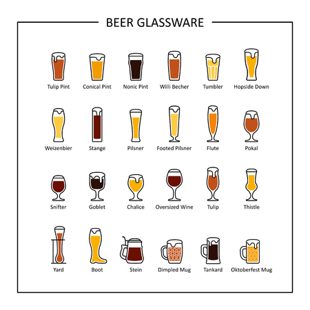 Beer glassware guide, colored icons on white background. Vector illustrationのイラスト素材