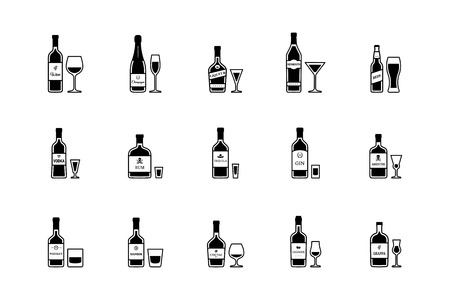 Pair of bottle and glass of alcoholic beverages, black and white icons. Vectorのイラスト素材