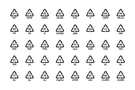 Recycling codes symbols set, plastic paper glass metal. Vectorのイラスト素材