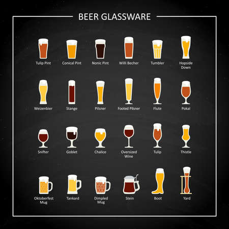 Types of beer glasses, flat icon on black chalkboard. Vector illustrationのイラスト素材
