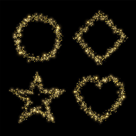 Circle, star, heart, square frame yellow gold glitter confetti with lights on black background. Vectorのイラスト素材