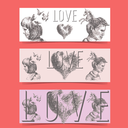 Love concept banners with a couple and fantastic imagery. The text Love, the heart, the woman and butterflies, the man and unicorn are each grouped separately.のイラスト素材
