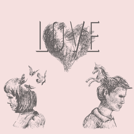 Artistic drawing of love concept with a couple and fantastic imagery. The text Love, the heart, the woman and butterflies, the man and unicorn are each grouped separately.のイラスト素材