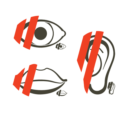 Human anatomy symbols for interdiction or unavailability or facility of sight, hearing, sound, taste applicable to devicesのイラスト素材