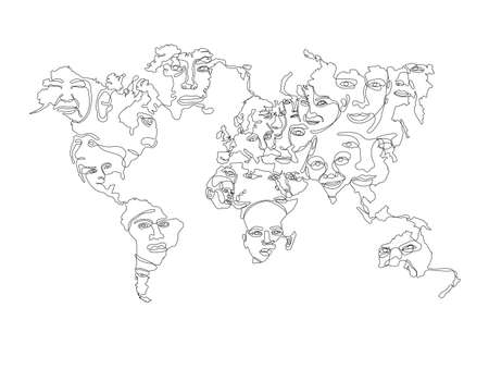World map with faces of native people continuous line art, not expanded, stroke weight editable.のイラスト素材