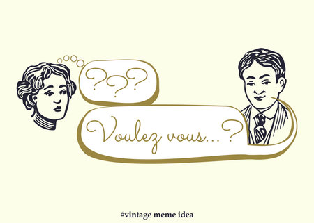 Vintage chat or meme idea with a lady and a man avatar. Text in French means Would you...?のイラスト素材