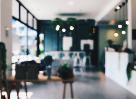 Blurred background with bokeh effect of local bistro cafe in Bangkok. Cool tone. For product display montage.の写真素材