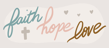 Faith hope love hand drawn lettering with heart and cross. Vector illustration.のイラスト素材