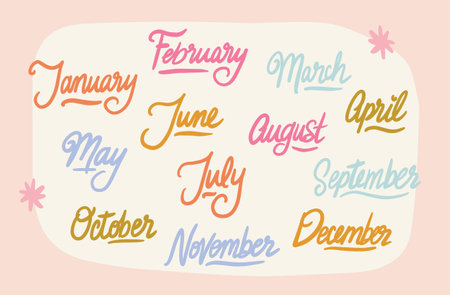 12 Months of the Year. Brush Script Lettering Vector Setのイラスト素材