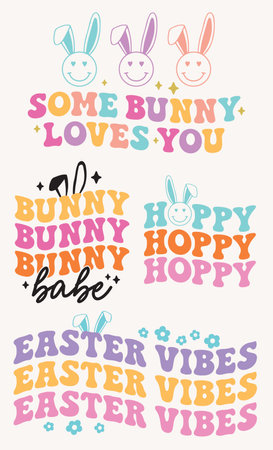 Vector set of cute Easter Bunny Text Designs. Pastel Holiday Rabbit Earsのイラスト素材