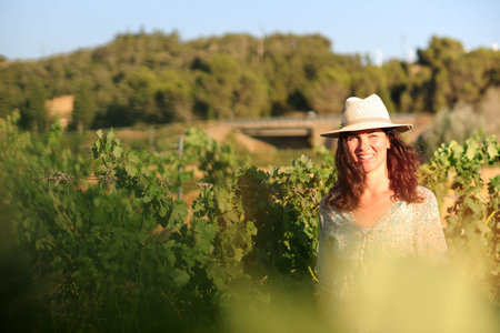 Portrait of a beautiful young woman with hat in the vineyardの写真素材