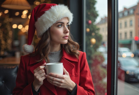 A woman in a red coat and Santa hat looks out a window while holding a white cup, appearing thoughtful.の素材