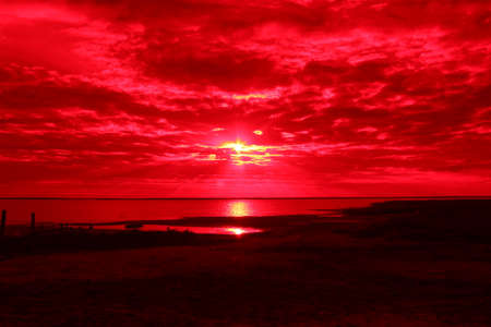 Red Sunset Over Copano Bay Texasの写真素材