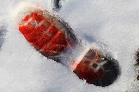 A bloody boot print in the snow.の写真素材