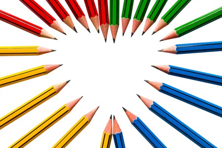 Pencils Red Yellow Blue and Green on White Backgroundの写真素材