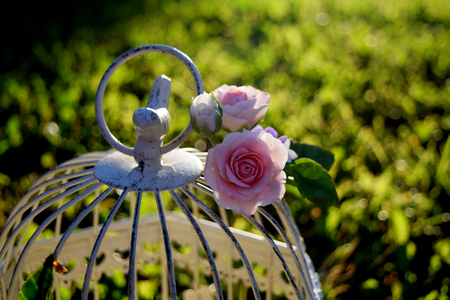 White vintage decorative bird cage with beautiful flowers.の写真素材