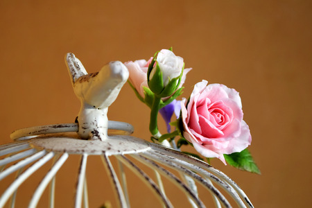 White vintage decorative bird cage with beautiful flowers.の写真素材