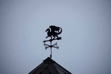 Black dragon wind vane against the sky. Weather vane on roof of the building.の写真素材