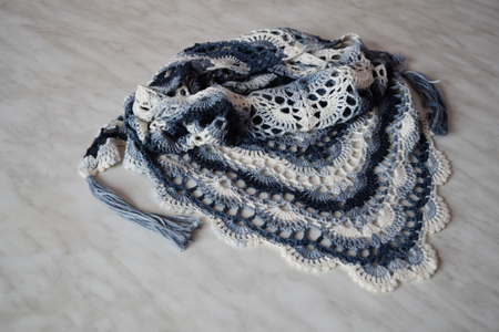 Knitted white-blue handkerchief for girl. Knitted shawl for for woman