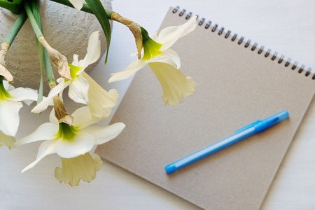 Notepad with pen, daffodils in a vase on a white table.の写真素材