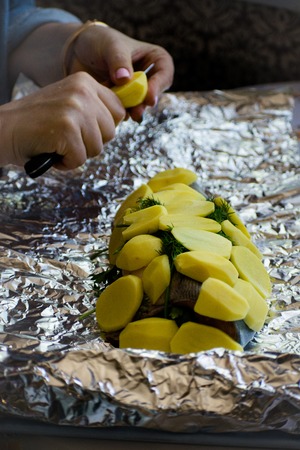Housewife cooking salmon fish with with potatoes and and dill in foil. Tasty dish, cooked with potatoes.の写真素材